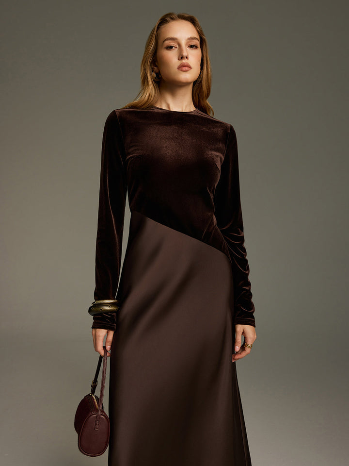 Velvet & Satin Paneled Long Sleeve Maxi Dress