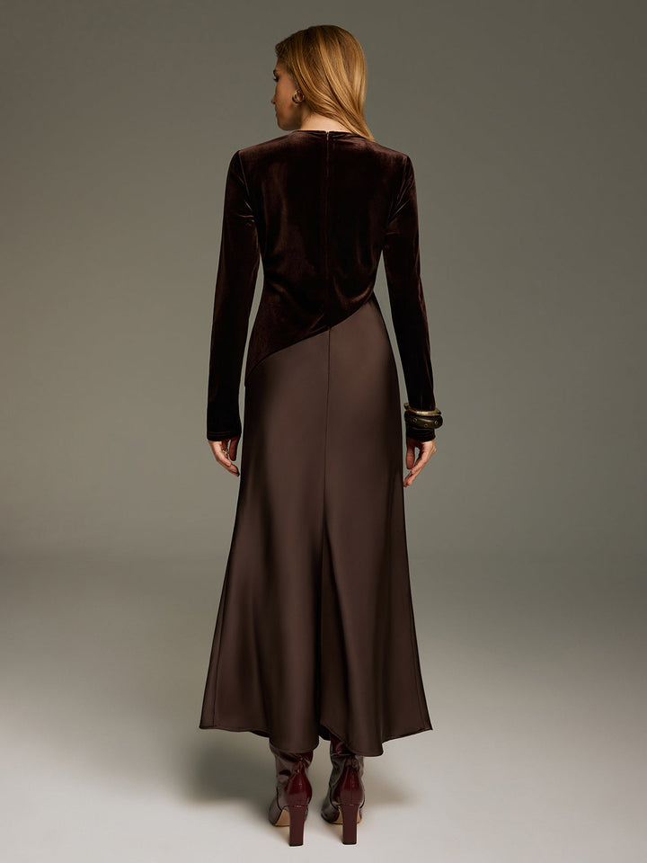 Velvet & Satin Paneled Long Sleeve Maxi Dress