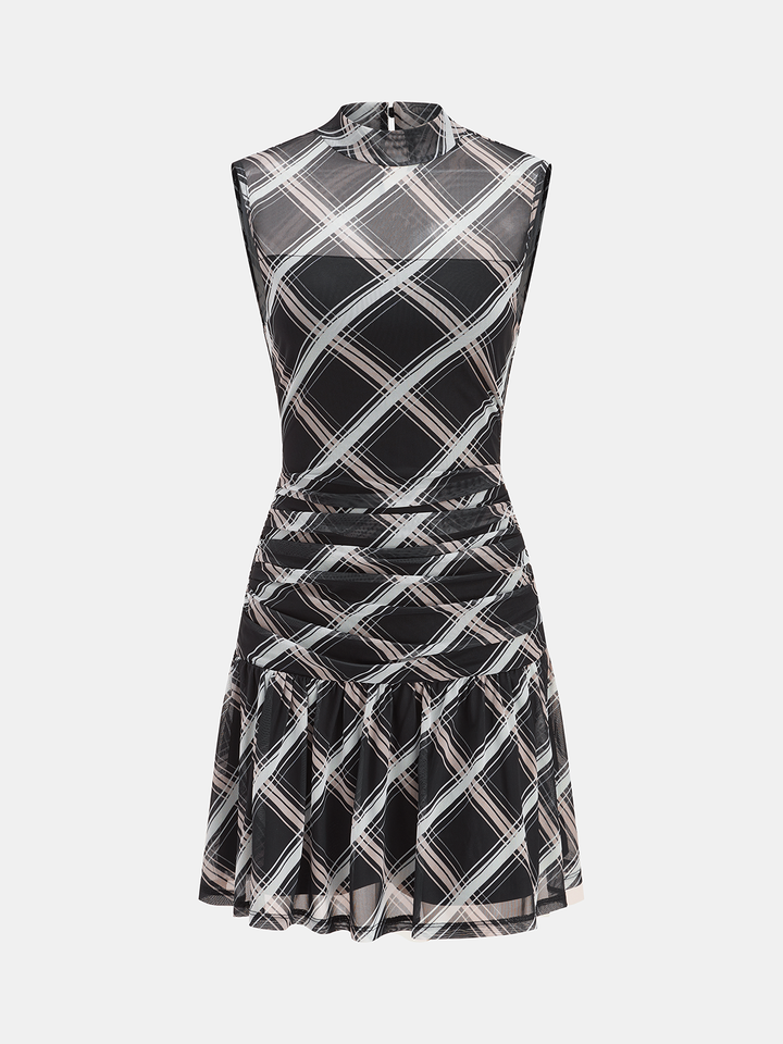 Mock Neck Ruffle Sheer Plaid Mini Dress