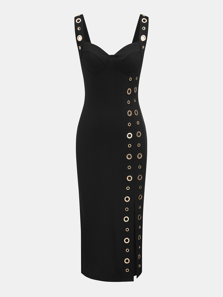 Rommet-Embellished Midi Dress with Side Slit