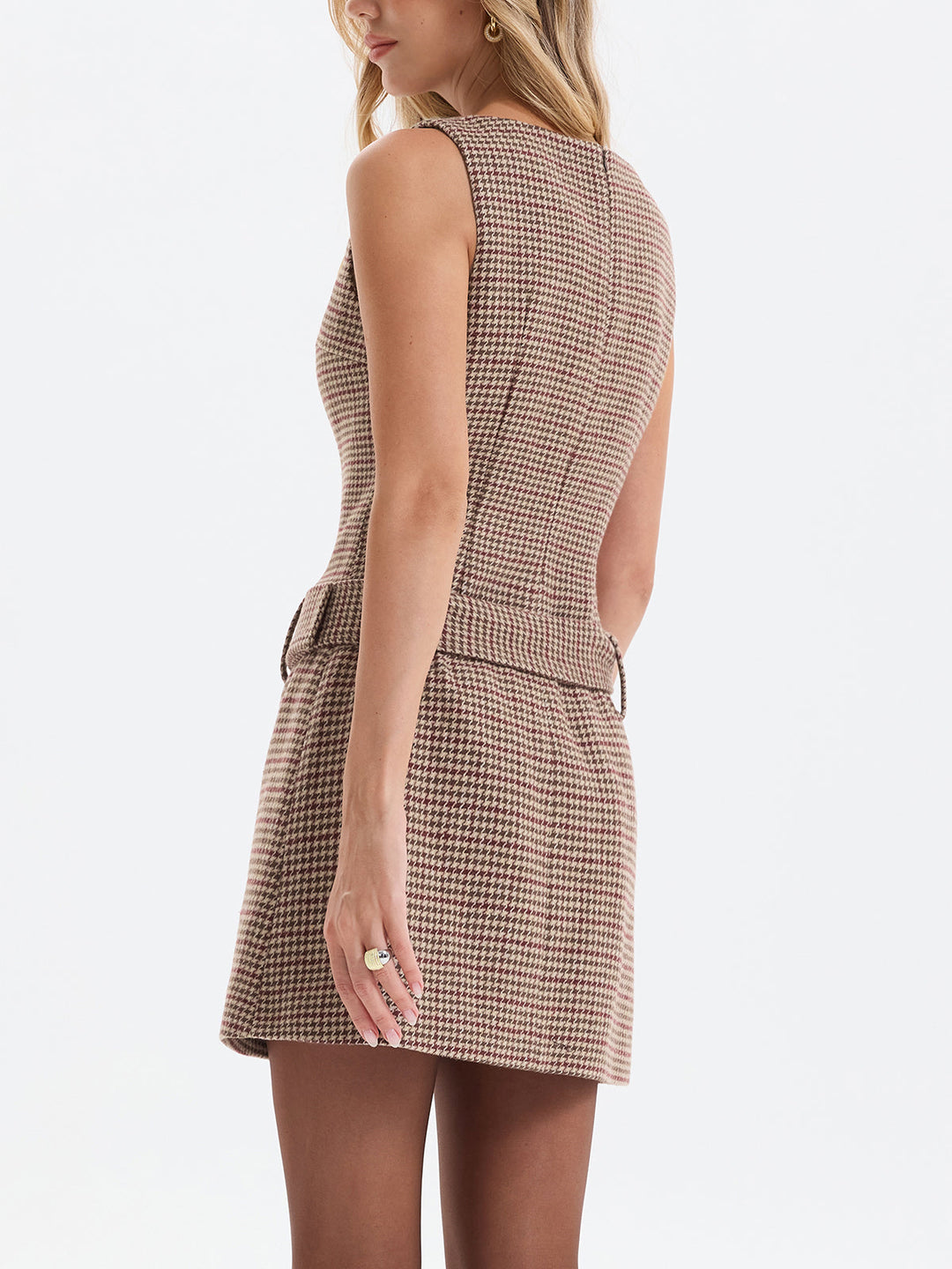 Sleeveless Belted Houndstooth Sheath Mini Dress